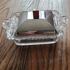 Vintage Glass and Silvertone Butter Or Candy Dish - Farberware ca. 1950s